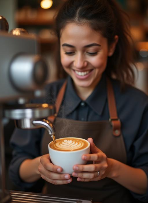 En smilende barista som lager en latte art med presisjon og fokus.